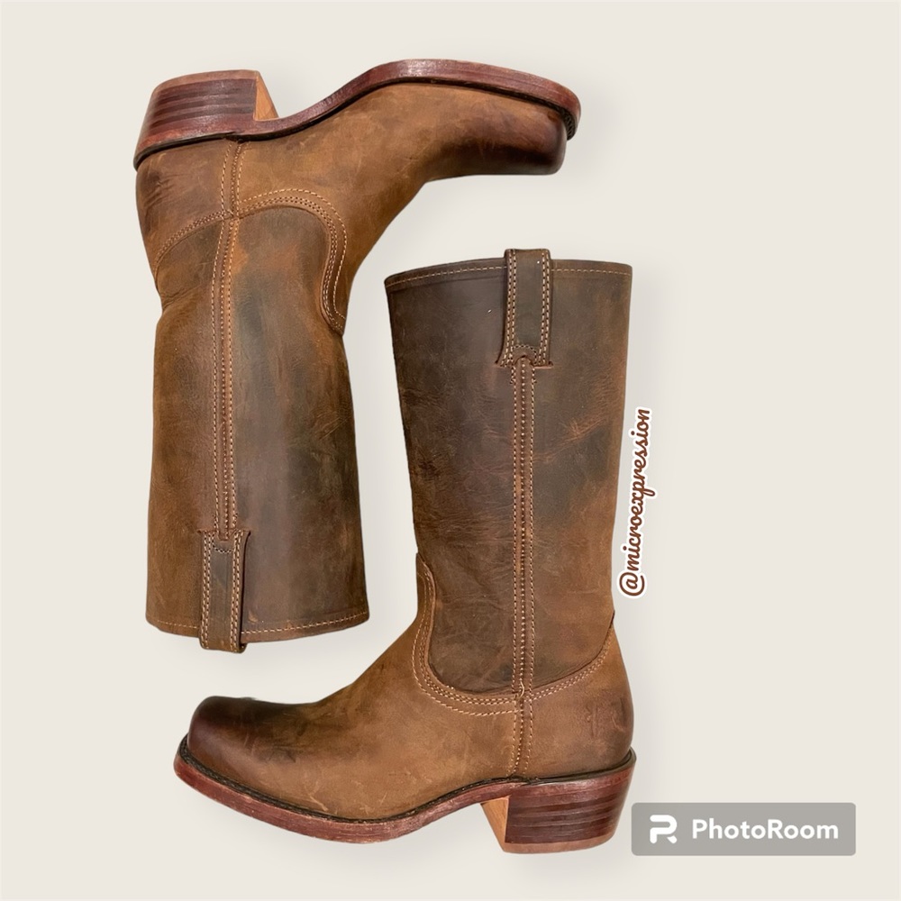 $545 Frye Campus 12L Dark Brown Tan Leather Vintage Distress Square Cowboy Boot - Picture 16 of 16
